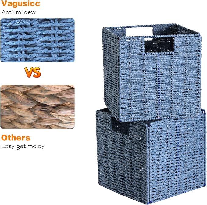 Wicker Baskets for Storage, Set of 4 Hand-Woven Wicker Storage Baskets for Shelves, Cube Storage Baskets Bins with Handles, Wicker Basket for Organizing Pantry Bedroom, Blue - Image 4