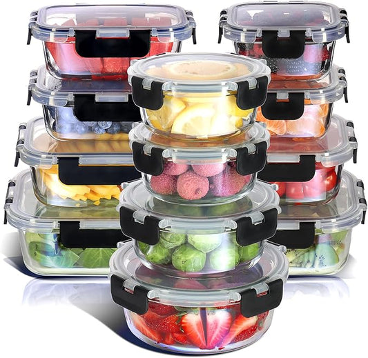 Nestl 24pc Glass Storage Containers with Lids, 12 Glass Food Storage Containers with 12 Airtight Lids for Pantry & Kitchen, Meal Prep Containers for Lunch, Oven Microwave & Dishwasher Safe, Black by Nestl