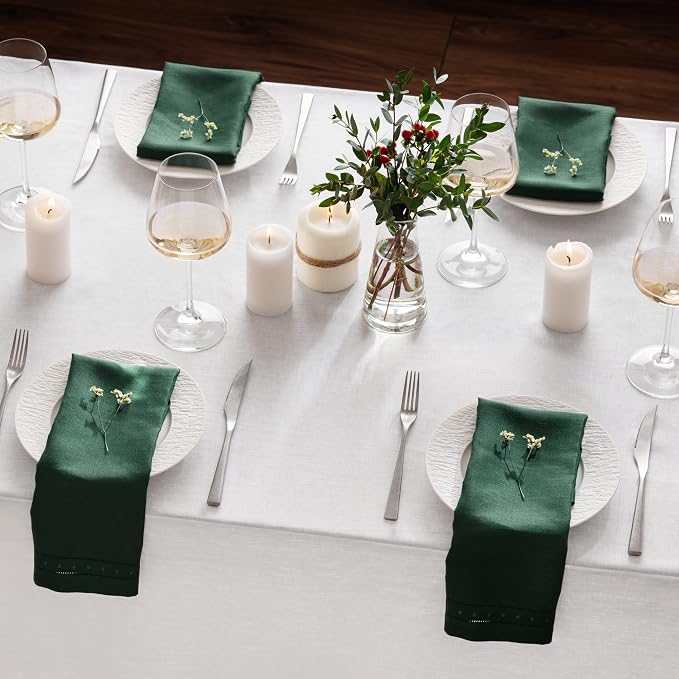 Linen Napkins Set of 4-100% Pure Linen Forest Green Embroidered Dinner Napkins 18 x 18 inch - Classic Hemstitch Cloth Napkins Washable for Winter and Christmas Decor - Image 5