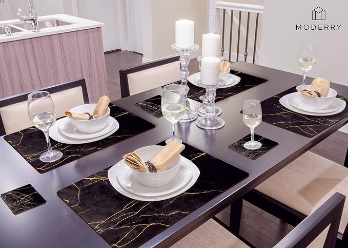 Set of 4 Heat Resistant Cork Placemats for Dining Table with Free Set of 4 Matching Drink Coasters Marble Design 16 x 12 Inches Cork Backed Hard Placemats (Black & Gold) - Image 9