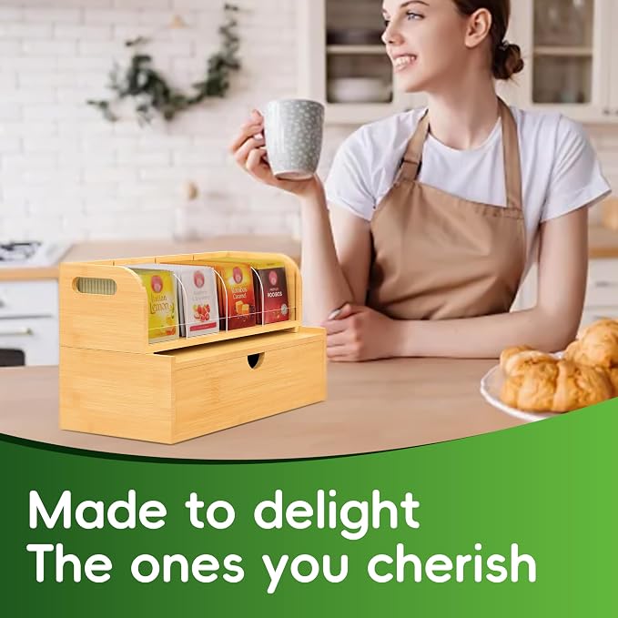 Bamboo Tea Organizer – Stackable Collection (1Tier w/Drawer） - Image 4