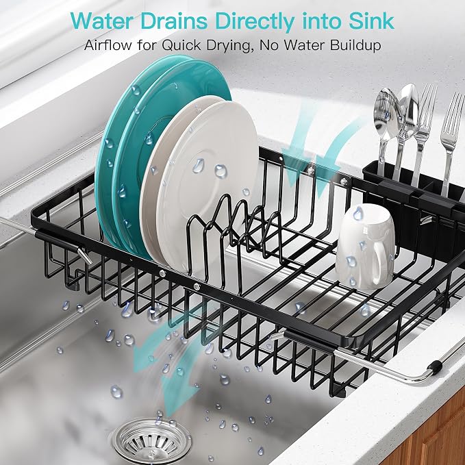 JASIWAY Black Dish Drying Rack Over the Sink with Utensil Holder | Expandable Stainless Steel Dish Driainers for Small Kitchen, Counter Space Saving, Fast Drain, Rust Resistant, For Apartment - Image 6