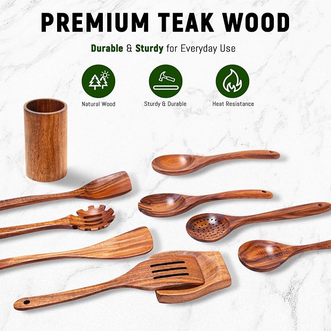 10 Pcs Teak Wooden Utensil Set, Wooden Spoons for Cooking | Non-Toxic & Nonstick Safe Kitchen Utensil, Durable Comfort Grip, Heat Resistant Wood Cookware with Holder and Spoon Rest - Image 5