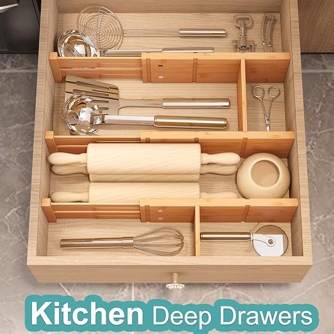 4.4" High Drawer Dividers with Inserts, Bamboo Drawer Dividers for Clothes, Expandable from 12-17.5", Adjustable drawer organizer for Bedroom, Kitchen & Office, 4 Dividers with 8 Insert. - Image 4