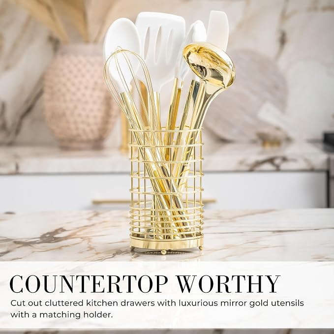 Styled Settings White and Gold Kitchen Utensils Set, 15-Piece | BPA free, Non-Scratch, Silicone Utensils Set Includes Measuring Cups and Spoons, White and Gold Kitchen Accessories - Image 6