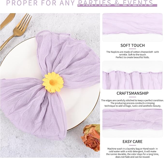 84 Packs Gauze Cheesecloth Napkins 20 x 20 Inch Lilac Wrinkled Dinner Napkins, Rustic Boho Soft Cloth Napkin for Wedding Party Event Dinner Table Decoration - Image 3