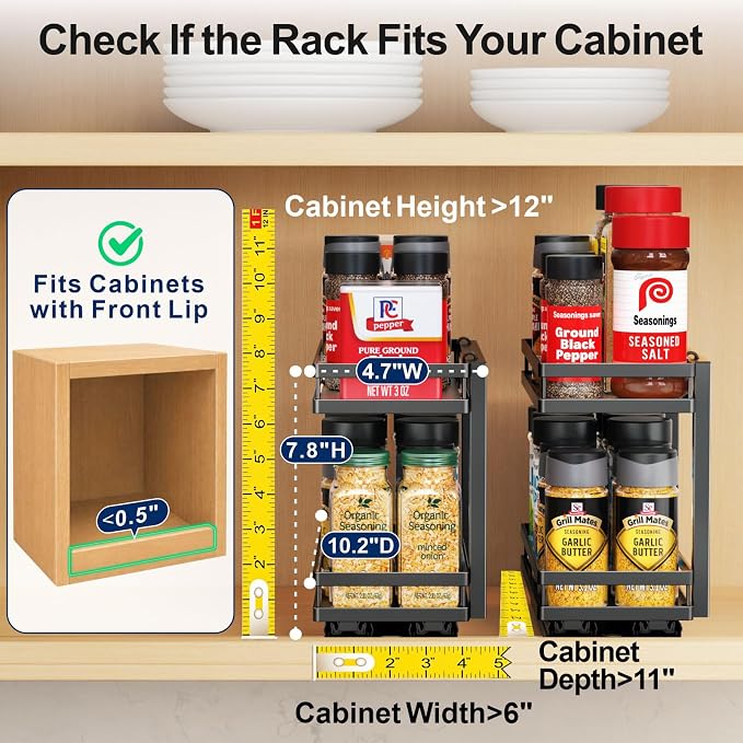 Pull Out Spice Rack - 2 Pack for Inside Cabinet with Front Lips | Peel-and-Stick No Drilling Setup, Smooth Slide Access for 1-8 Oz Spice Jars, Cabinet Storage, Daily Cooking Use, Daily - Image 2