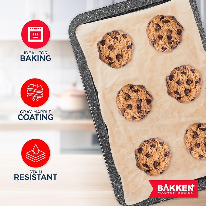 BAKKEN Kitchen Baking Pans - Nonstick Gray Coating, 13.18’’ × 8.66’’ Commercial Grade Carbon Steel Cookie Sheet, Baking Kitchen Essentials, PFOA, PFOS, PTFE Free, Oven Safe Tray (450° F), Gray Marble - Image 3