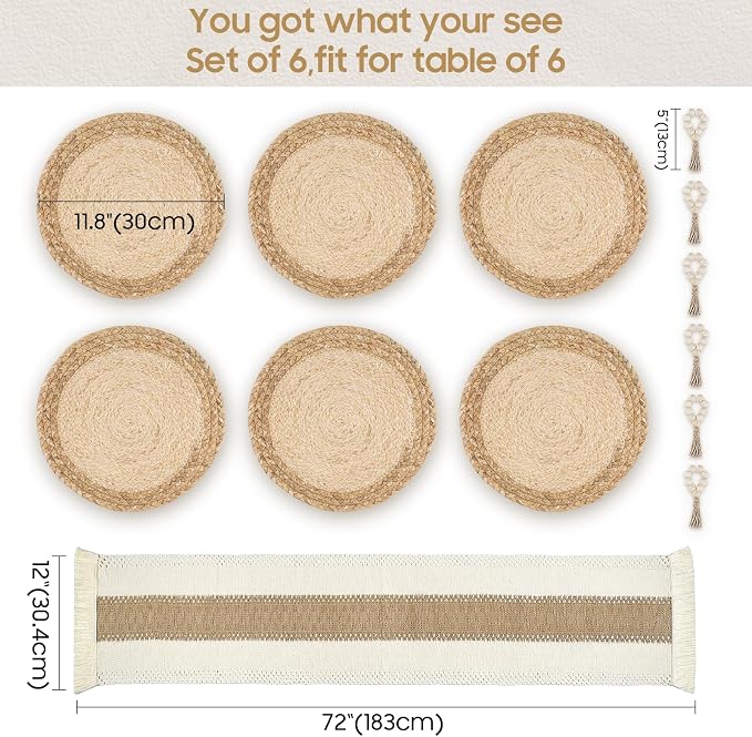 Placemats Set of 6,Natural Round Placemats with Table Runner & Napkin Rings | Made of Cotton Burlap and Corn Husk,Protective,Heat-Resistant,Non-Slip Boho Table Mats Fall Placemats for Dining Table Décor - Image 6