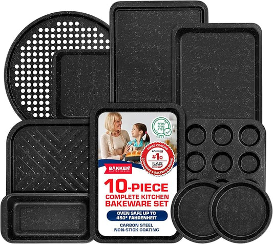 BAKKEN 10-Piece Kitchen Baking Pan Set - Commercial Grade Carbon Steel Bakeware, With Nonstick Coating, Stackable and Space-saving Design, PFOA, PFOS, PTFE Free, Oven Safe (Up To 450°F), Gray Marble by Unknown
