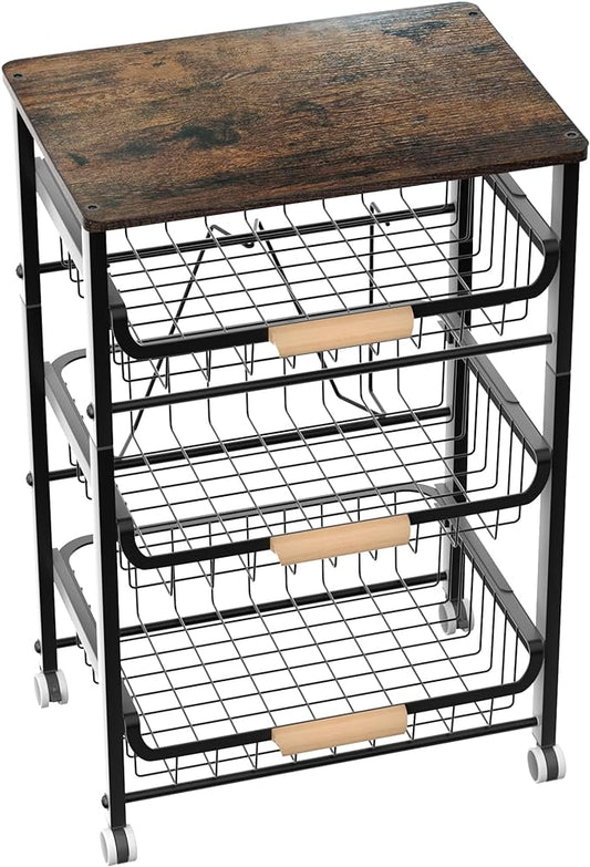 NiuYichee 4-Layer Fruit Basket Kitchen Food Organizer and Rack, Stackable Storage Cart with Desktop, Pull-Out Hollow Metal Basket, Sliding Out Storage (Black 4-Layer Rack) by NiuYichee