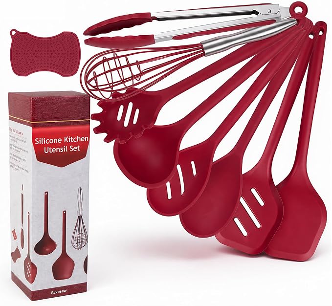 Kitchen Utensils Set,9 PCS Silicone Cooking Utensils Set Spatula Set,Cooking Utensils Tool,Tongs,Spoon,Whisk,Brush,Dishwasher Safe Kitchen Gadgets for Non-Stick Cookware,Home Essential(Red) by Rvxesaw
