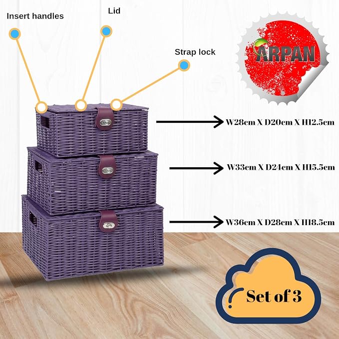 ARPAN Set of 3 Resin Woven Utility Storage Basket Box With Lid & Lock (Purple) - Image 5