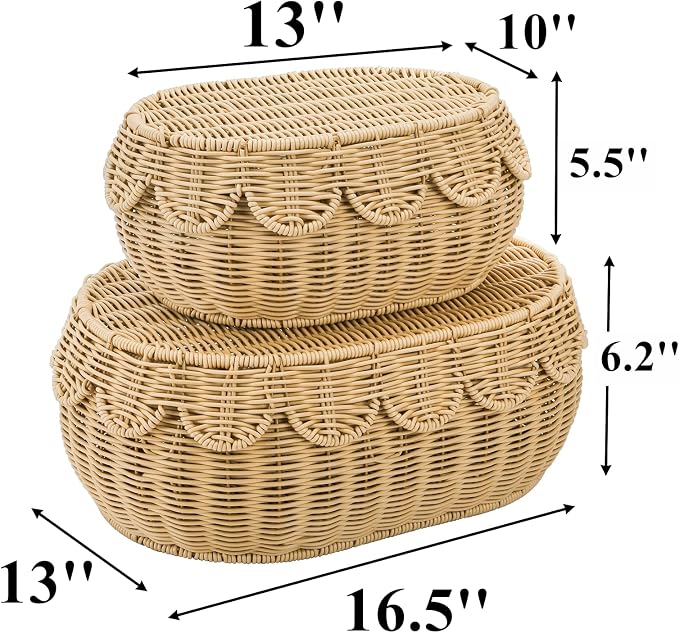 Tebery Set of 2 Wicker Storage Baskets with Lid, Hand Woven Scalloped Basket Boxes for Shelf, Sturdy Rattan Storage Bin Organizer for Home Decoration, Display - Image 2