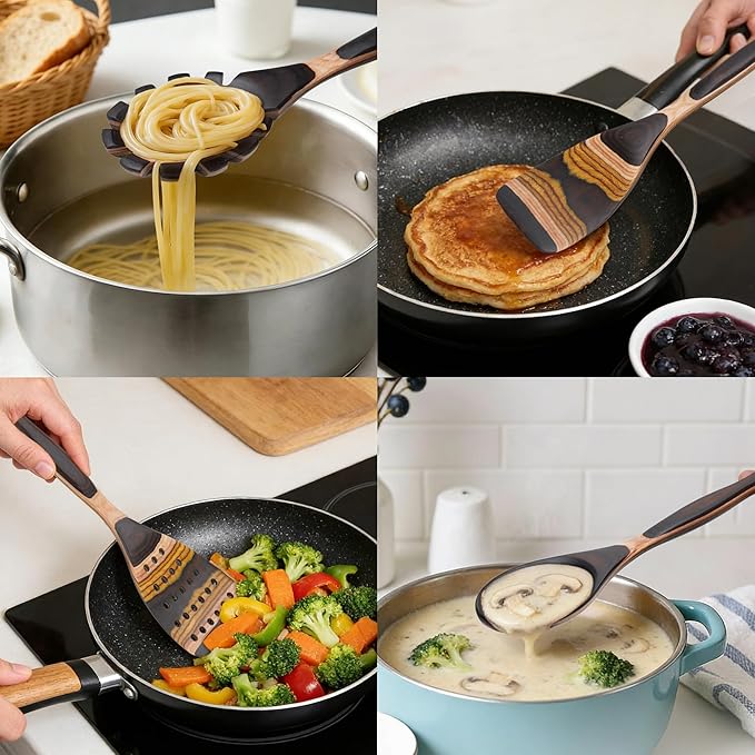 7PCS Pakkawood Kitchen Utensil Set | Heart-Shaped Wooden Spoons for Cooking | Heat-Resistant Wooden Spoons | Kitchen Essential Gift | Tuscan Brown - Image 4