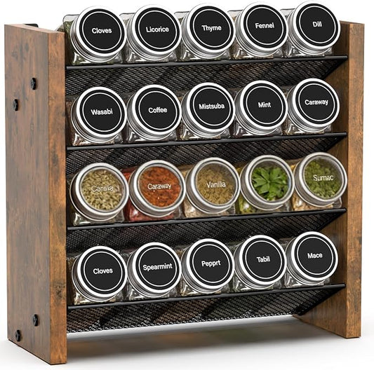NESAPTO Spice Rack Organizer for Cabinet, Wood 4-Tier Vertical Seasoning Organizer, Wall Mount or Countertop Spice Shelf, Holds 20 Jars (No Jars Included), 10.3" W x 10.3" H by NESAPTO
