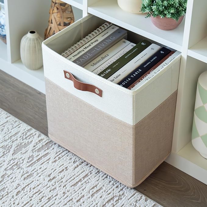 OrganiHaus 13x13 Cube Storage Bins, Set of 4 - Fabric Storage Cubes | Sturdy, holds its shape; odor-free; fits IKEA Kallax and Expedit; vegan leather handles - Image 5