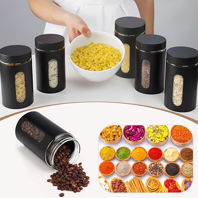 Patelai 6 Pack Kitchen Canisters Set Airtight Stainless Steel Canister Food Storage Container with Window Glass, Coffee Sugar Candy Jars Tea Organizer for Flour Cookies Spice (Black,32 oz) - Image 5