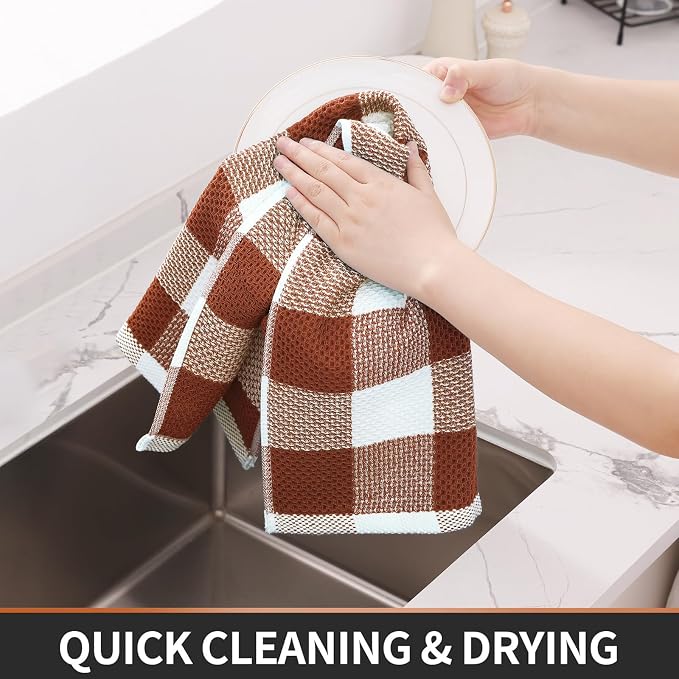Homaxy Kitchen Towels and Dishcloths Set, Set of 12, White & Rust | Bulk Cotton Waffle Weave Check Plaid Kitchen Towels, Super Soft and Absorbent Dish Cloths, 12 x 12 and 13 x 28 Inches - Image 5