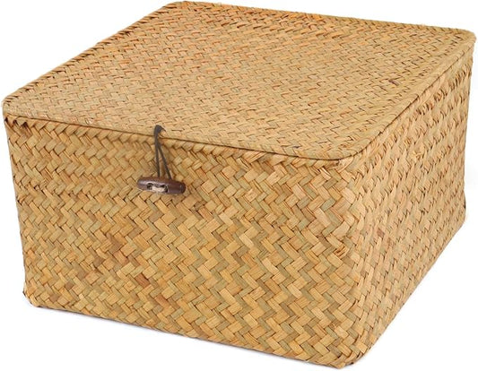 Moosky Wicker Shelf Baskets with Lid, Handwoven Seagrass Storage Basket Bins Square Gift Boxes for Shelves Home Decor Organizer (Natural, Medium) by Moosky