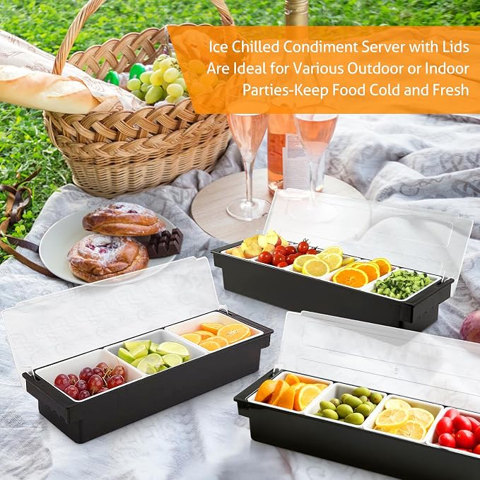 WICHEMI Fruit, Veggie & Condiment Caddy with Lid Dispenser Tray Plastic Garnish Station for Bartending & Serving Taco, Ice Cream, Salad Bar - Topping Organizer for Restaurant Supplies (4 Compartment+3 - Image 7
