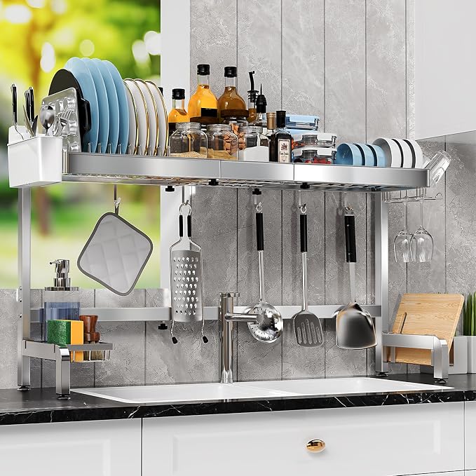 2 Tier Extra Large Over The Sink Dish Drying Rack, Expandable Stainless Steel Dish Drainer with Multifunctional Organizer, Space-Saving Above Sink Dish Rack with Large Capacity for Kitchen Counter by StartYourHomeStorageLife