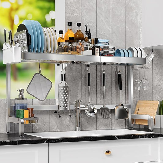 2 Tier Extra Large Over The Sink Dish Drying Rack, Expandable Stainless Steel Dish Drainer with Multifunctional Organizer, Space-Saving Above Sink Dish Rack with Large Capacity for Kitchen Counter by StartYourHomeStorageLife