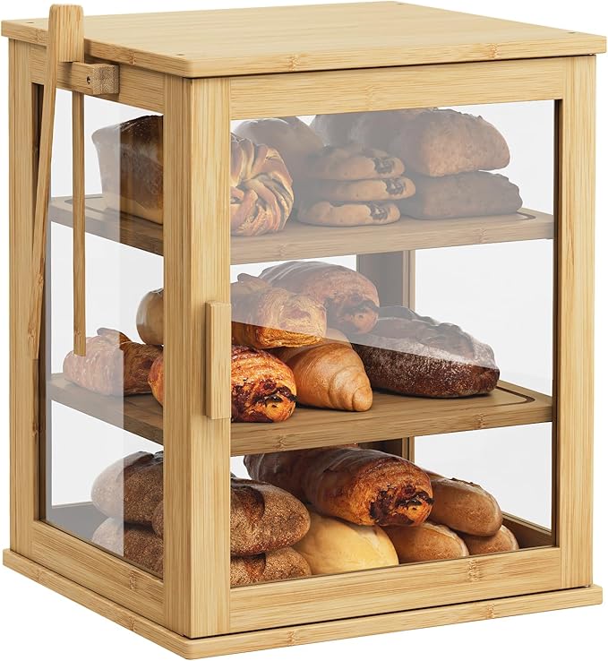 WOWLIVE Bread Box for Kitchen Countertop, 3 Layers Bread Storage Container | Large Bamboo Bread Bin for Homemade Bread with Window, Farmhouse Breadbox Organizer for Cabinet, Natural, Extra Large by WOWLIVE