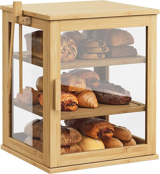 WOWLIVE Bread Box for Kitchen Countertop, 3 Layers Bread Storage Container | Large Bamboo Bread Bin for Homemade Bread with Window, Farmhouse Breadbox Organizer for Cabinet, Natural, Extra Large by WOWLIVE
