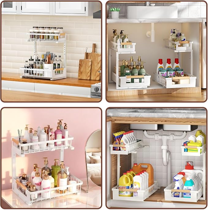 Under Sink Organizer, 2 Tier Pull Out Cabinet Organizer with 5 Adjustable Heights, Metal Under Sink Storage with Sliding Drawers for Kitchen, Bathroom, Pantry and Laundry Room, 4-Pack White - Image 2