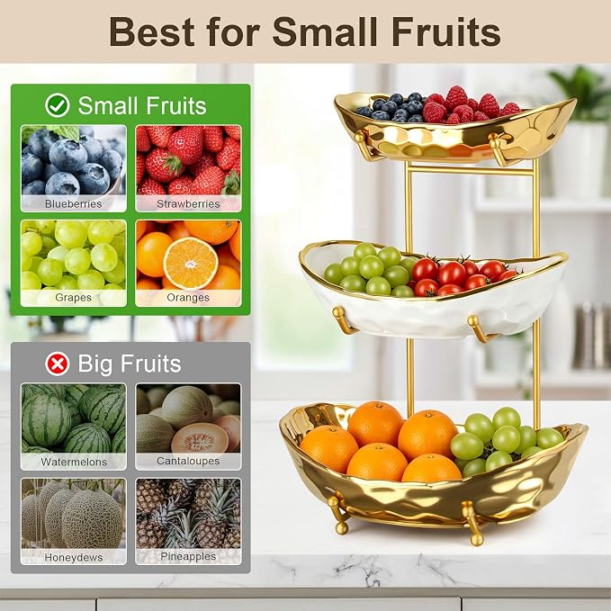 3 Tier Ceramic Fruit Bowl for Kitchen Counter, Tiered Fruit Basket Stand with Gold Metal Rack, Decorative Fruit Holder for Table, No Assembly Serving Bowls for Party Snacks & Housewarming Gift - Image 4