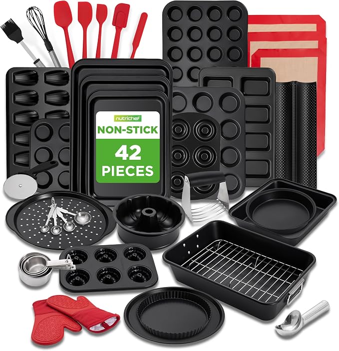 NutriChef 42-Piece Nonstick Bakeware Set | Carbon Steel Baking Pans Set with Oven Mitts, Muffin Trays, Cookie Sheets, Loaf Pan, & Accessories for Cakes, Pizza & Bread. by NutriChef%E2%84%A2Kitchen