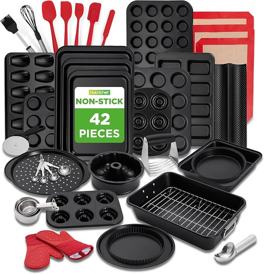 NutriChef 42-Piece Nonstick Bakeware Set | Carbon Steel Baking Pans Set with Oven Mitts, Muffin Trays, Cookie Sheets, Loaf Pan, & Accessories for Cakes, Pizza & Bread. by NutriChef%E2%84%A2Kitchen