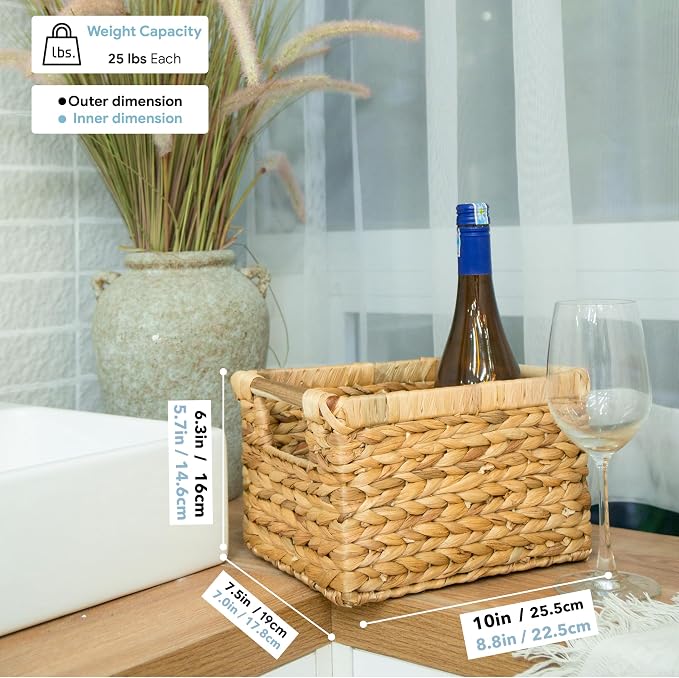 Small Wicker Baskets for Organizing Bathroom, Hyacinth Baskets for Storage, Wicker Storage Basket with Wooden Handle, Decorative Small Basket 10 x 7.5 x 6.3 inches - 3 Pack - Image 2