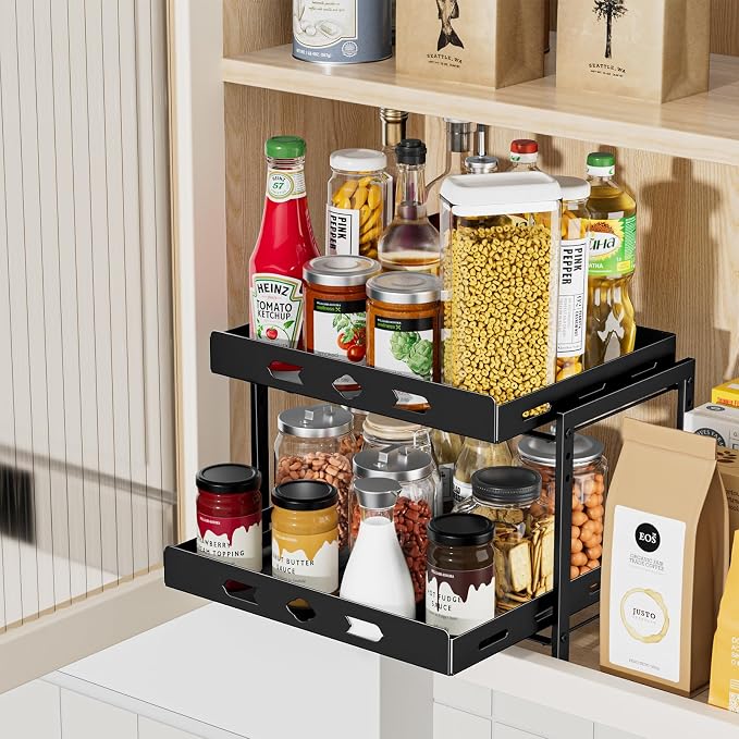 BOIVSHI Spice Organization for Cabinet, 14.1" Wx10.8 Dx9.2 H | 2 Tier Pull Out Spice Rack for Cabinet Space-saving, Vertical Spice Rack Height Adjustable, Metal Kitchen Spice Rack Cabinet - Image 9
