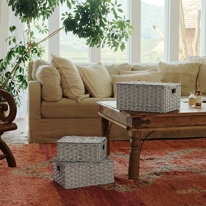 Granny Says Wicker Basket With Lid, Wicker Storage Baskets For Shelves | Woven Baskets With Lids, Wicker Baskets For Storage, Decorative Storage Boxes, Woven Stackable Basket with Lid for Organizing - Image 2