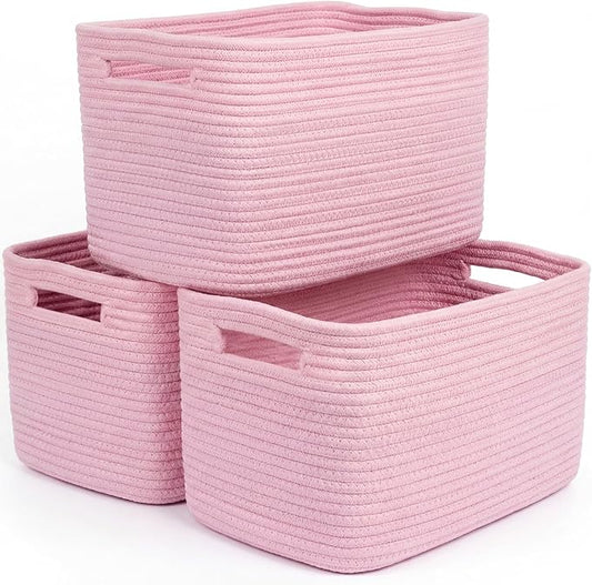 Storage Baskets for Organizing, 14 x 10 x 9” Closet Shelf Woven Baskets, Square Bins with Handles, Cotton Rope Basket for Clothes, Office, Room, Pink 3 Pack by Unknown