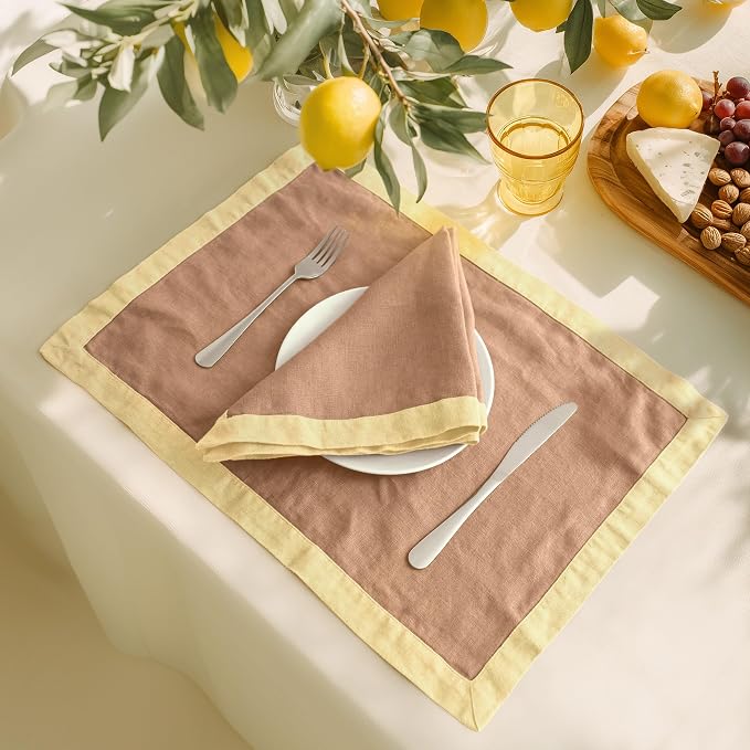 Linen World 100% French Linen Placemats Set of 4,21 x 15 Inch Double Layer Table Mats,Washable Heavyweight Placemats for Holiday Dining Kitchen Decor,Lemon Yellow with Terracotta Contrast Border - Image 7