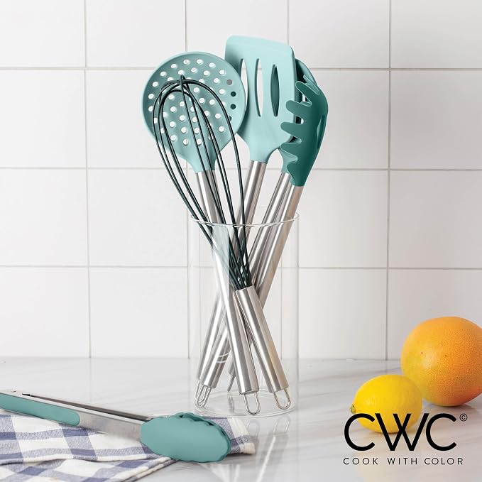 COOK WITH COLOR Silicone Cooking Utensils, Kitchen Utensil Set, Easy to Clean Silicone Kitchen Utensils, Cooking Utensils for Nonstick Cookware, Kitchen Gadgets Set, 10 Pieces, Teal - Image 8