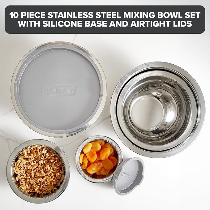 Viking Mixing Bowls Set, 10 Piece Stainless Steel Kitchen Cookware, Non-Slip Silicone Base, Includes Tight Fit Lids, Dishwasher Safe, Grey - Image 2