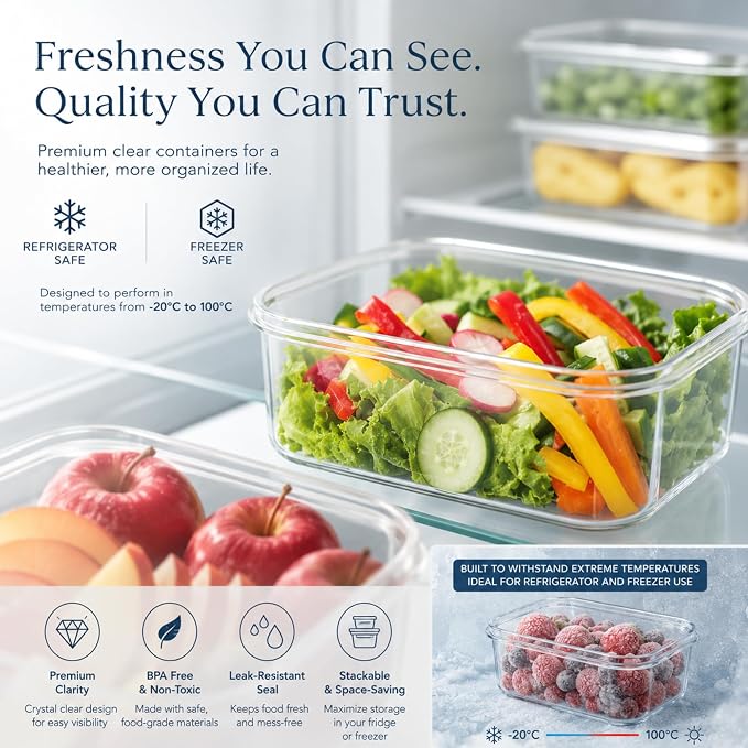 Lustroware Micro Clear Transparent Food Storage Containers with Lids – Large Capacity BPA-Free, Shatterproof, Dishwasher & Microwave Safe, 2.3 qt Refrigerator Organizer Bins, Made in Japan, Set of 6 - Image 2
