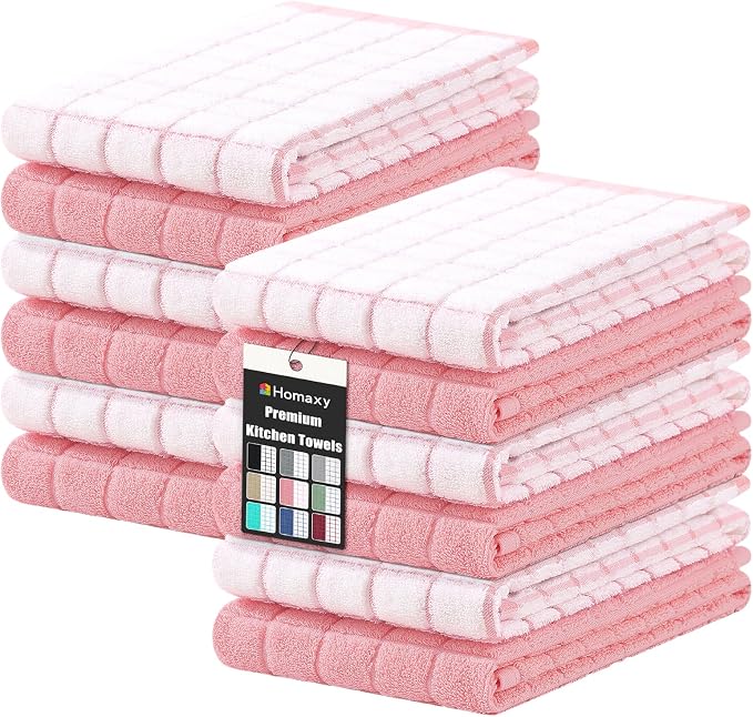 Homaxy Large Premium Cotton Kitchen Towels 16"x 28", 12 Pack, Pink | Natural Ring Spun 390 GSM Dish Towels, Super Absorbent Terry Kitchen Hand Towels, Soft Tea Towels with Hanging Loop by Homaxy
