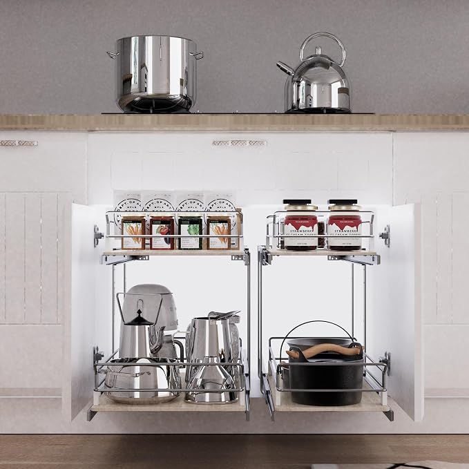 2 Tier Pull Out Cabinet Organizer 11.06" W X 22" D, Wood & Chromed | Full Slide Out Drawers For Kitchen Cabinets, Cabinets Capacity Heavy Duty Caddy, Cabinet Pullout Shelves , Pantry Storage - Image 4