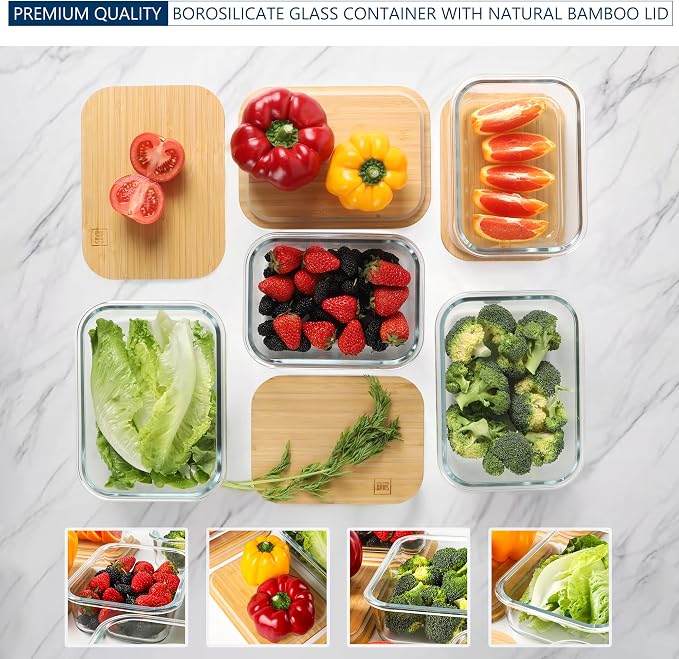 DE Glass Food Storage Containers with Bamboo Lids, (4, Pack 2 x 35oz & 2 x 51oz) Pack Meal Prep Glass Containers Safe for Microwave, Oven, Freezer and Dishwasher, BPA Free - Image 8