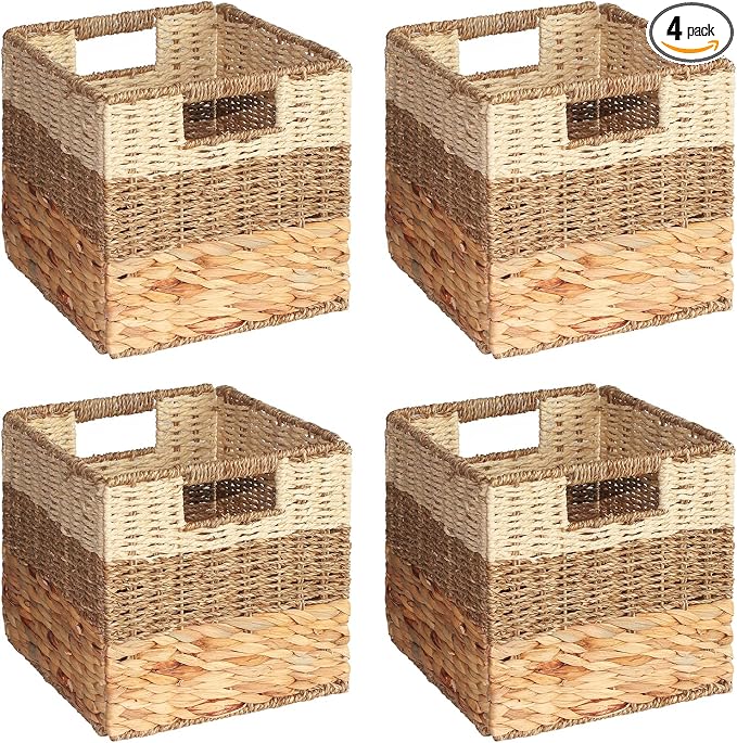 SpaceAid 4 Pack 3 Pattern Design Wicker Basket, Baskets for Organizing, Storage Rattan Basket with Handles for Shelves, Woven Cube Storage Bin Organizer, 10.5x10.5x10.5 inch, Natural by SpaceAid
