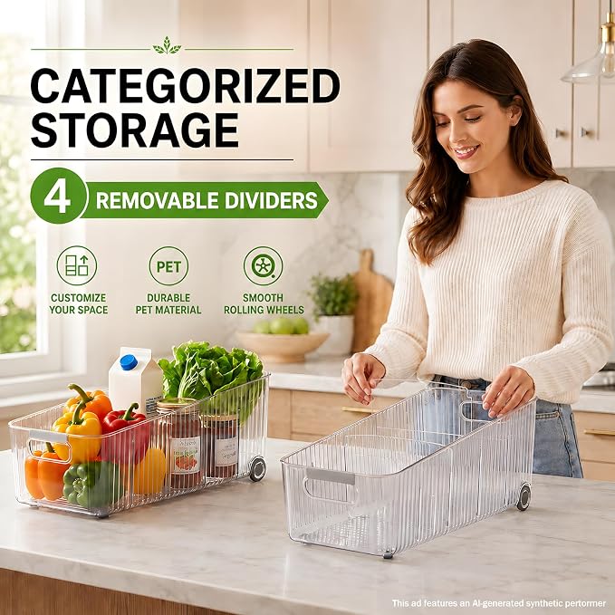 2 Pack Fridge Organizer Bins with Wheels, Clear Roll Out Refrigerator Drawers with Adjustable Dividers and Handles, PET Pantry Storage Bins for Drinks, Snacks, Cans and Cabinet - Image 7