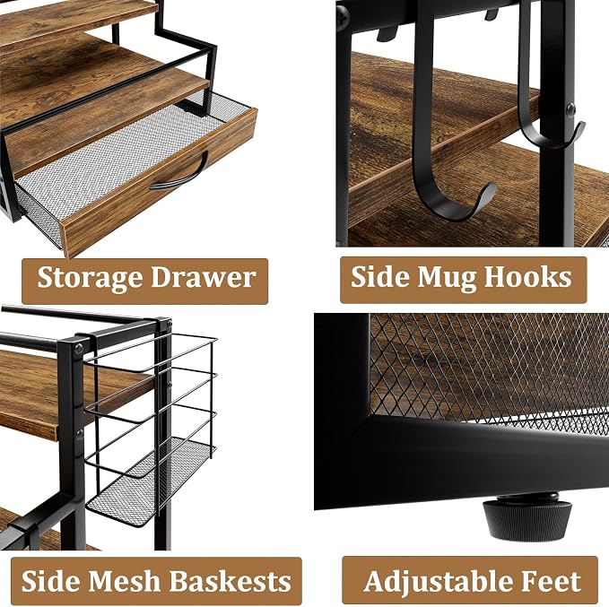4 Tier Countertop Coffee Syrup Rack Organizer with 36 K Cup Storage | Wooden Sturdy and Space-Saving Coffee Bar Organizer with Drawer Condiment Storage Shelves for Kitchen Home Office Restaurant - Image 5