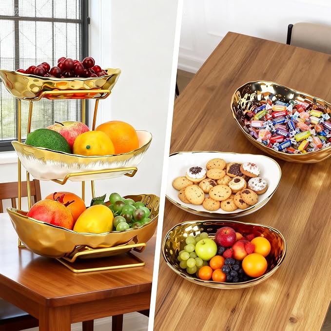 3 Tier Ceramic Fruit Bowl for Kitchen Counter,Fruit Basket with Metal Stand | Serving Tray for Snacks Nuts Cakes Desserts Bread Candy Vegetable,Decorative Storage for Party Wedding Home - Image 5