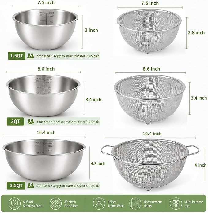 18/8 Stainless Steel Bowl and Colander Set, 6-Piece, Nesting | 3 nesting mixing bowls with measurement marks and 3 fine 30-mesh strainers for rice,vegetables, pasta, baking, and food prep - Image 2