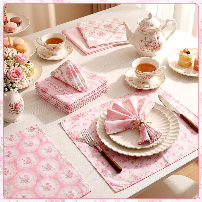 24 Pcs Floral Cloth Napkins 6 Patterns Washable Dinner Tea Party Napkins Reusable Plant Flowers Square Napkin Cotton Towel Decorative for Summer Wildflower Party(Pink Flowers) - Image 3